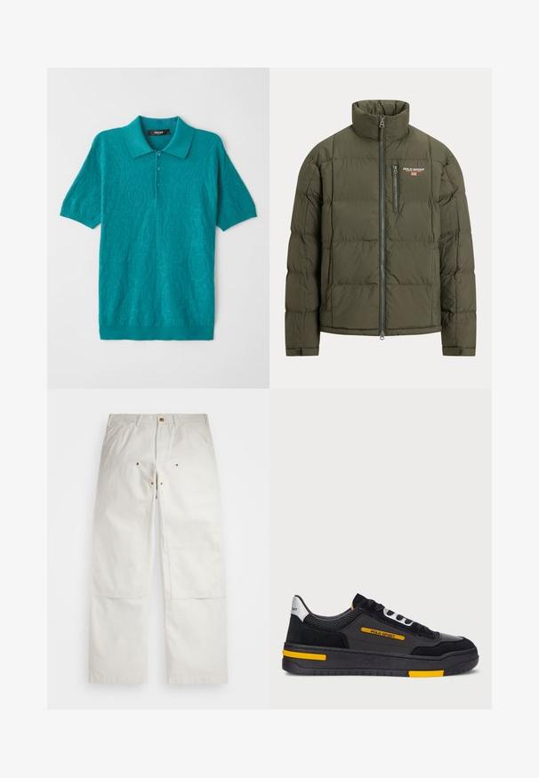 Mörkgrön vadderad jacka med hög krage, frontdragkedja och en bröstficka med dragkedja. Har ett kviltat mönster och en liten logotypdetalj.; Turkos polotröja med ett strukturerat blommönster, korta ärmar och krage. Har en treknapps öppning och ribbad kant i ärmarna och fållen.; Vita bomullbyxor med avslappnad passform, med framfickor, detaljer i guld och knäskydd.; Svarta sneakers med övre i mocka och mesh, gula accenter och en tjock svart sula. Snörning och "POLO SPORT" logotyp på sidan.