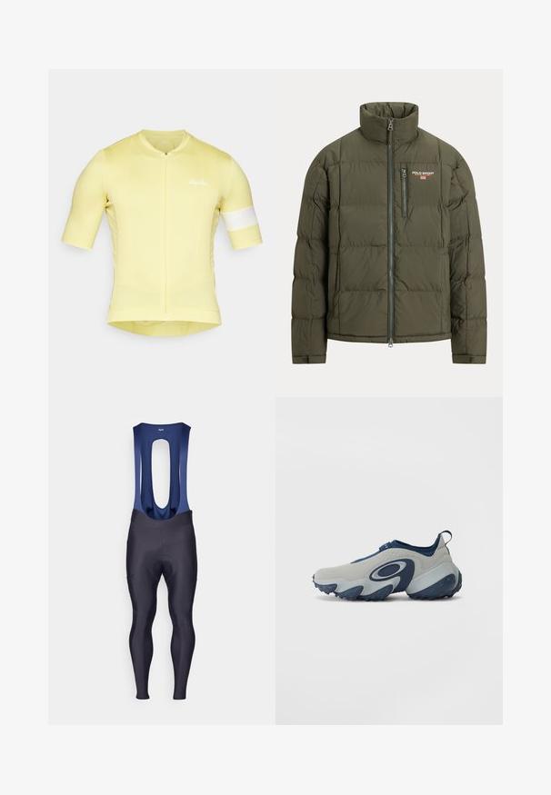 Tumehelist värvi puffer-jope kõrge kraega, ees lukuga ja lukuga rinnataskuga. Omab tikandiga tekstuuri ja väikest logodetaili.; Kollane jalgrattasärk lühikeste varrukatega, pehme disain, tekstureeritud kangas, ees lukk ja valge aksentriba varruka peal. "Rapha" logo on kohal.; Rapha MENS CORE WINTER WITH PAD - Retuusid - dark navy/navy; Hallux, mille halluxil, kus kelti halluxil, mille halluxil,нике, mille halluxil, розали, холл.