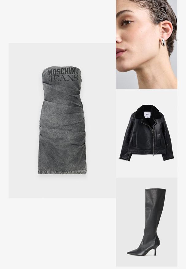 Geacă din piele neagră cu guler din blană de oaie, fermoar frontal și două buzunare laterale. Prezintă piele texturată și margini franjurate la mâneci.; Rochie din denimul negru estompat, fără bretele, cu textură pliată. Prezintă un logo îndrăzneț "Moschino Jeans" în partea de sus și un tiv drept.; Botine din piele neagră, până la genunchi, cu vârf ascuțit și toc subțire stiletto. Textură netedă, cu un design ajustat și cusături la marginea superioară.; Cercei din metal cu ton argintiu, în formă ovală, cu o suprafață netedă și reflectorizantă, evidențiați într-un prim-plan subtil.