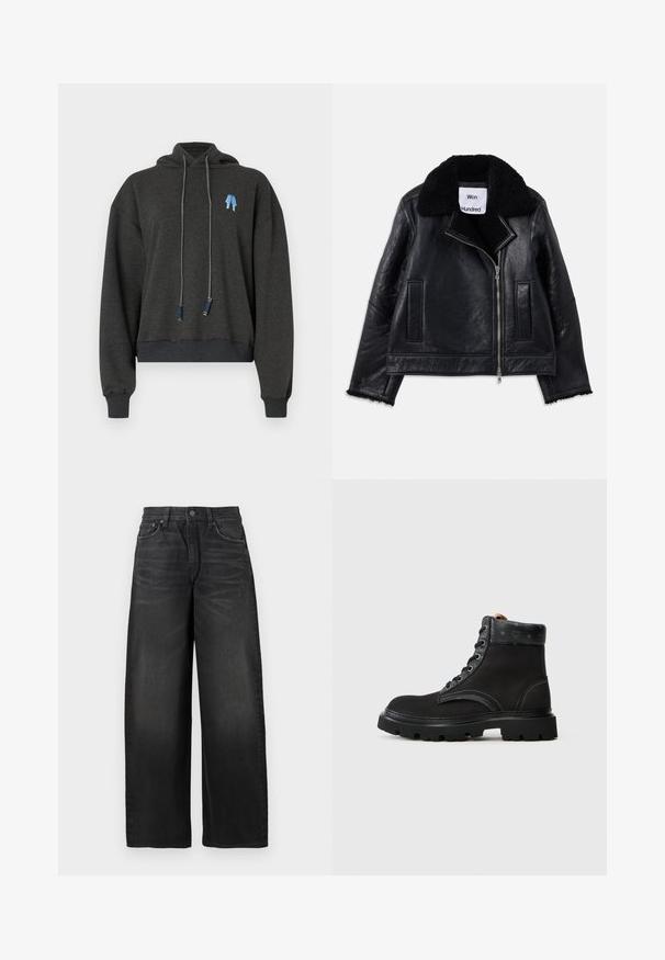 Črna usnjena jakna s krznenim ovratnikom, sprednjim zadrgo in dvema stranskima žepoma. Ima teksturirano usnje in razfrkan rob rokavov.; Temno siva kratka kapuca iz mehke tkanine, ki ima na prsih modro grafiko, vrvice za zategovanje s kontrastnimi detajli in rebraste manšete.; Črne široke hlače z visokim pasom, z nežnim izbleneljem in majhnim strganim delom na zgornjem desnem stegnu.; Črne spodnje čevlje do gležnjev z zgornjim delom iz teksturirane usnje, veznim dizajnom, kontrastnim šivanjem in robustnim gumijastim podplatom. Logotip na jeziku.