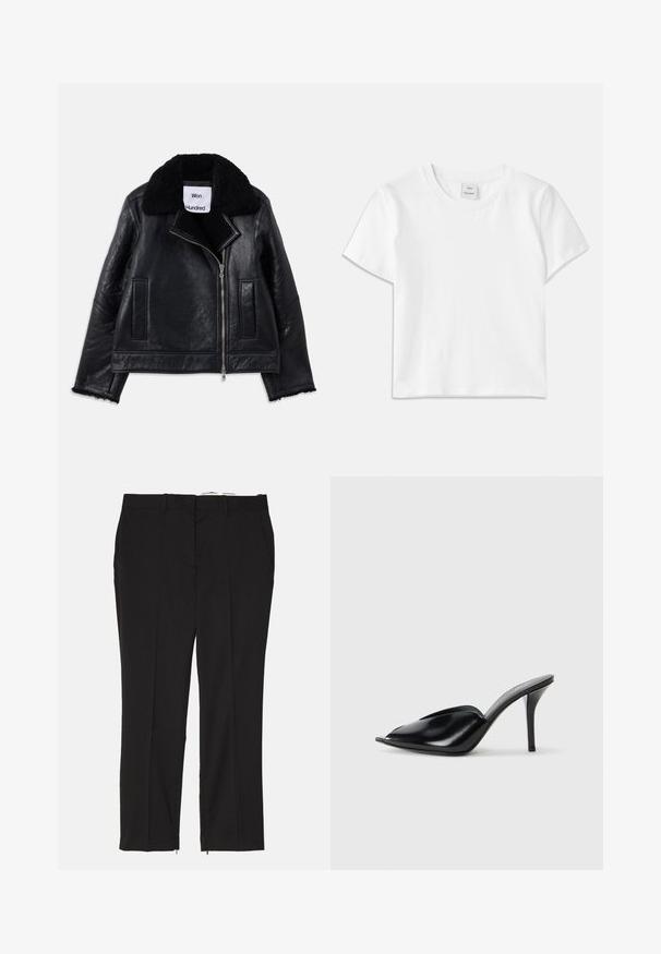 Crna kožna jakna s ovčjim krznom, prednjim patentnim zatvaračem i dva bočna džepa. Ima teksturiranu kožu i izlizane rubove rukava.; Bijela pamučna majica s okruglim izrezom, kratkim rukavima i ravnim rubom. Oznaka označena "Won Hundred" nalazi se na sredini dekoltea.; Crne krojene hlače ravnog kroja, s dva prednja džepa i patentnim zatvaračima na gležnjevima za prilagodljivost. Glatka tekstura.; Crne kožne visoke mule s otvorenim prstima, šiljastim dizajnom, glatkom teksturom i uskim štiklama.