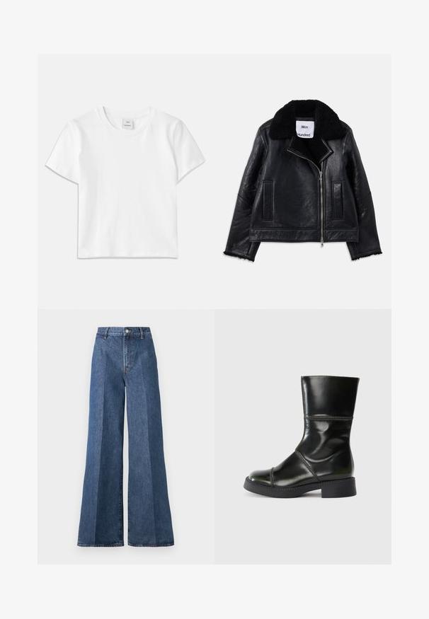 Čierna kožená bunda s kožušinovým golierom, predným zipsom a dvoma bočnými vreckami. Má textúrovanú kožu a rozstrapkané okraje rukávov.; Biely bavlnený tričko s okrúhlym výstrihom, krátkymi rukávmi a rovnými lemami. Na strednej časti výstrihu je na štítku nápis "Won Hundred".; Džínsy s širokými nohavicami modrej farby s vysokým pásom, s klasickým päťpriestorovým štýlom a zapínaním na gombík, vyrobené z textúrovanej bavlnenej tkaniny.; Čierne kožené členkové topánky s okrúhlym špičkou, hladkým povrchom, kontrastným prešívaním a blokovým podpätkom, s mierne zúženým silueta.