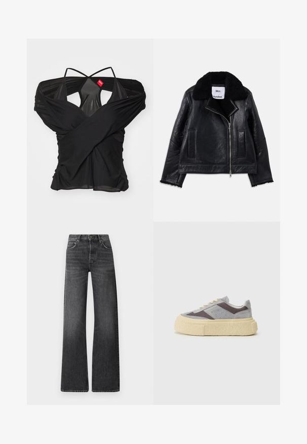 Juodas odinis švarkas su avikailio apykakle, priekyje užtrauktukas ir dvi šoninės kišenės. Yra tekstūruota oda ir nutrintos rankovių briaunelės.; 032c DRAPED SWAN EVENING - Marškinėliai su spaudiniu - black; Juodos džinsai su aukštu liemeniu ir plačiomis kojomis. Turi penkias kišenes ir subtilų išblukusį tekstūrą su kontrastingais siuvinėjimais.; Pilki zomšiniai sportbačiai su tinklinėmis detalėmis, kremine padu ir apvaliu smailumu. Yra kreminės spalvos raišteliai ir subtilūs perforacijos ornamentai šonuose.