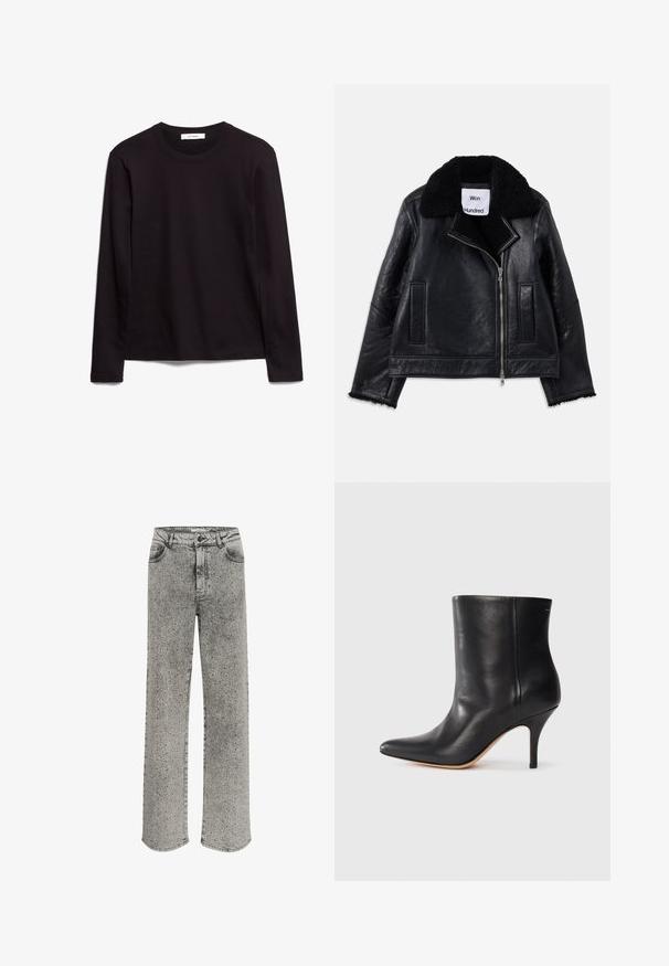 Crna kožna jakna s ovčjim krznom, prednjim patentnim zatvaračem i dva bočna džepa. Ima teksturiranu kožu i izlizane rubove rukava.; Crna majica dugih rukava s okruglim izrezom, izrađena od teksturirane tkanine, s ravnim rubom i šivenim detaljima na ovratniku i ramenima.; Sivi traperice s ravnim nogavicama, ukrašene srebrnim čavlima. Imaju klasičan stil s pet džepova i zatvaranje na dugme.; Crne kožne gležnjače s izdignutim nosom, uskim stiletto potpeticama i glatkom teksturom. Minimalistički dizajn bez vidljivih hardverskih elemenata ili ukrasa.