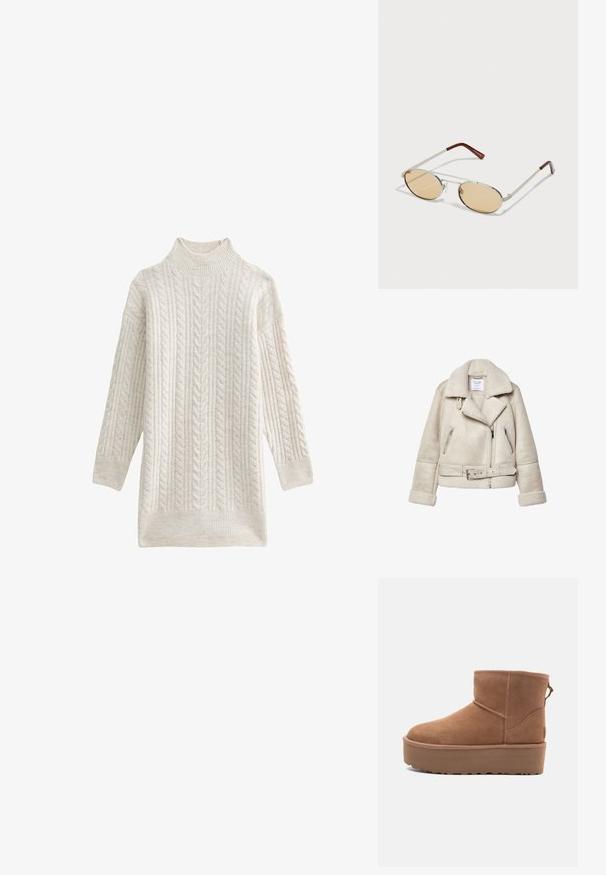 Crème-kleurig shearlingjack met een brede kraag, ritssluitingen en een ceintuur in de taille. Beschikt over een textuurstof en een zachte voering.; Lichtbeige coltrui gemaakt van een getextureerde brei met kabelpatronen, voorzien van lange mouwen en een geribbelde boord en manchetten.; Tan suède enkellaars met een platformzool, ronde neus en stiksels; heeft een trekband aan de achterkant voor gemakkelijke instap.; Metalen zonnebril met ovale, lichtbruine getinte lenzen. Slank zilveren frame met getextureerde accenten en roestbruin uiteinden op de armen.