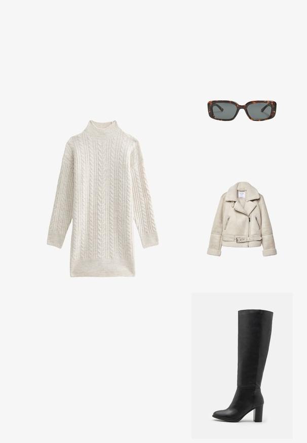 Cremfarbener Schaffelljacke mit weitem Kragen, Reißverschlusstaschen und Taillengürtel. Verfügt über strukturierte Stoffe und ein weiches Futter.; Hellbeiger Rollkragenpullover aus strukturiertem Strick mit Kabelmustern, mit langen Ärmeln und einem gerippten Saum sowie Rippbündchen.; Schwarze kniehohe Stiefel aus glattem Leder, mit einem stabilen Absatz und runder Zehenpartie. Minimalistisches Design ohne sichtbare Hardware oder Dekorationen.; Sonnenbrille im Schildpatt-Design mit rechteckigen Gläsern, dicken Rahmen und dunkelgetönten Gläsern. Glatte Textur und minimalistisches Design.
