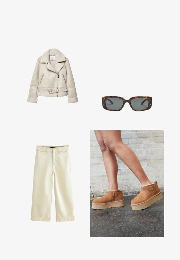 Cremefarvet shearlingjakke med bred krave, lynlåslommer og bælte i taljen. Har struktureret stof og blød foring.; Lys pink sweater lavet af blødt, fluffy materiale. Har en rund halsudskæring og ribbede manschetter. Enkel, hyggelig design uden mønstre.; Cremefarvede cropped bukser lavet af denim med en let struktureret overflade. Har en standard talje med to knappelukninger og fem lommer.; Brune ruskinds ankelsko med en blød foring, tyk beige plattformsål og en bageste løkke. Tekstureret overflade med synlige sømdetaljer.; Skildpaddedesolbriller med rektangulære linser, tykke stel og mørkt tonede linser. Glat tekstur og minimalistisk design.