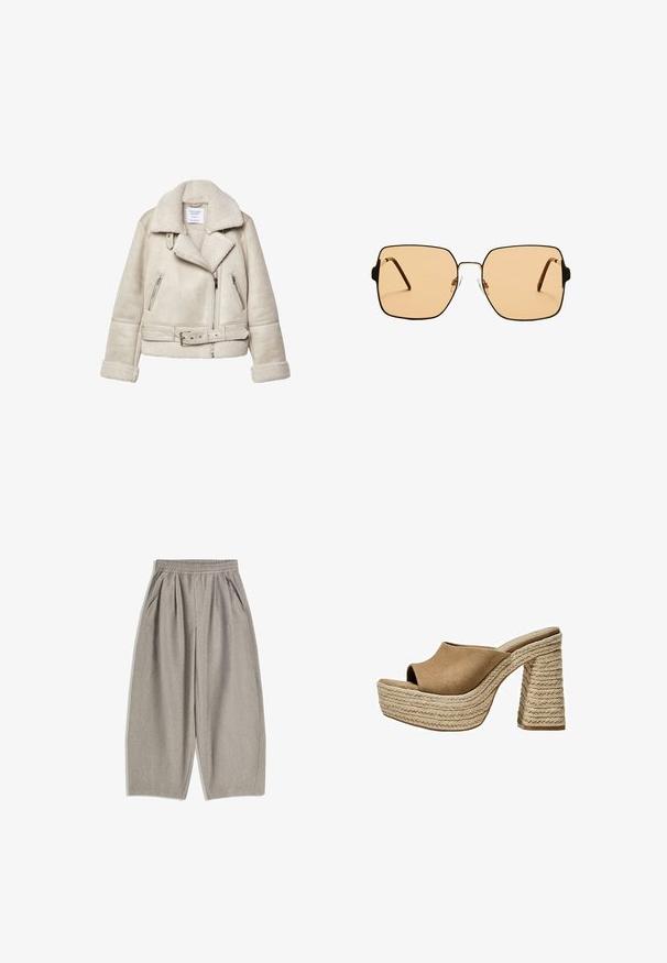 Kremowa kurtka z owczej wełny z szerokim kołnierzem, zamykanymi kieszeniami i paskiem w talii. Posiada strukturalny materiał i miękką podszewkę.; Jasno beżowy sweter dzianinowy z okrągłym dekoltem, długimi rękawami i fakturowanym wzorem. Luźny krój z prążkowanymi mankietami i dolnym wykończeniem.; Szare, szerokie spodnie wykonane z miękkiej tkaniny, posiadające elastyczny pas i dwie boczne kieszenie, o czystym, minimalistycznym wzornictwie.; Brązowe zamszowe mule na platformie z otwartym noskiem, z grubo plecioną jutową obcasem i gładkim, zaokrąglonym górnym fasonem.; Kwadratowe okulary przeciwsłoneczne z brązowymi soczewkami i cienką, czarną metalową oprawą. Posiadają skośne zauszniki i regulowane noski dla większego komfortu.