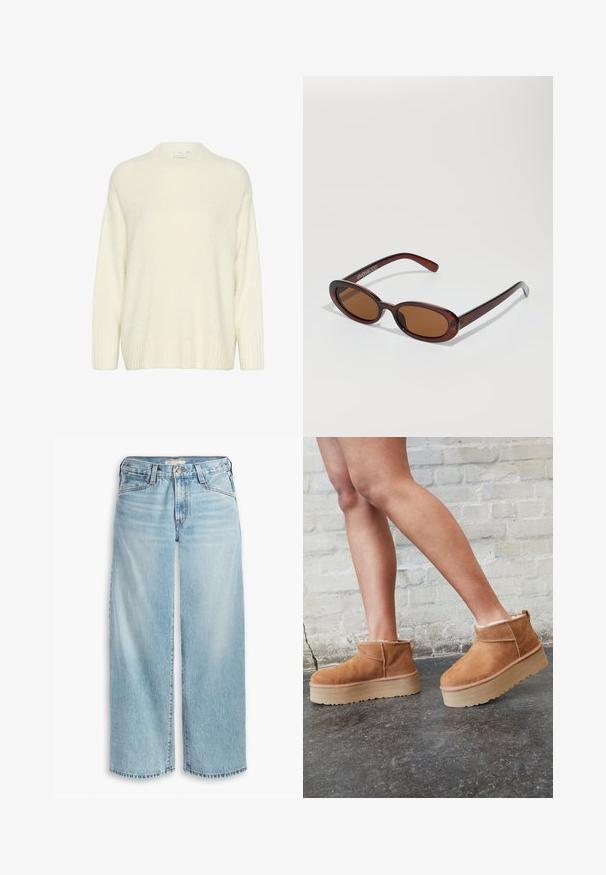 Kremno obarvana jakna iz ovčjega krzna z širokim ovratnikom, žepi na zadrgo in pasom. Ima teksturirano tkanino in mehko podlogo.; Kremni pulover iz mehke, puhaste tkanine. Ima okroglo ovratnik, dolge rokave ter rebraste manšete in rob za dodatno teksturo.; Svijetloplave široke traperice od denima, s visokim strukom, dugmadi i poderanim rubovima. Vidljive šavove i džepove.; Rjavi semiš škornji do gležnjev s puhastim podlogo, debelim bež platformnim podplatom in zanko na zadnji strani. Teksturirana površina z vidnimi šivi.; Okrogle, rjavo obarvane sončne naočare z sijočim burgundskim okvirjem. Tanek nosilec s subtilnim logotipom. Oblika leč je ravna.