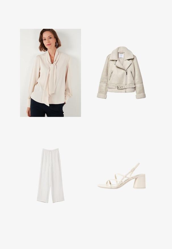 Giacca in shearling color crema con ampio colletto, tasche con zip e vita cintata. Presenta un tessuto testurizzato e una fodera morbida.; LELA REGULAR FIT - Camicia - stone; Pantaloni a gamba larga bianchi realizzati in un tessuto leggero. Presentano una vita elastica con cordoncino e tasche laterali. Texture liscia.; Sandali con tacco beige con sottili cinturini incrociati, punta aperta e tacco quadrato a blocco. Finitura in vernice liscia, cinturino alla caviglia regolabile.