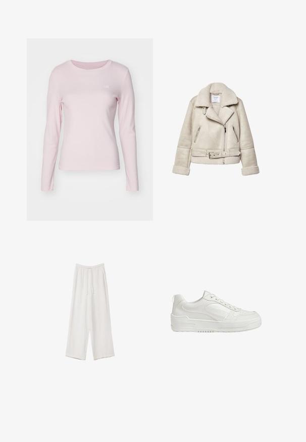 Krémová šerlingová bunda se širokým límcem, zipovými kapsami a páskem v pase. Vlastnosti zahrnují texturovaný materiál a měkkou podšívku.; Levi's® ESSENTIAL TEE - Top s dlouhým rukávem - potpourri; Bílé široké kalhoty vyrobené z lehké tkaniny. Mají elastický pas se šňůrkou a boční kapsy. Hladká textura.; Bílé kožené tenisky s hladkým povrchem, polstrovaným kotníkem a perforovanou špičkou. Mají mírně zvýšenou gumovou podrážku a šněrovací design.