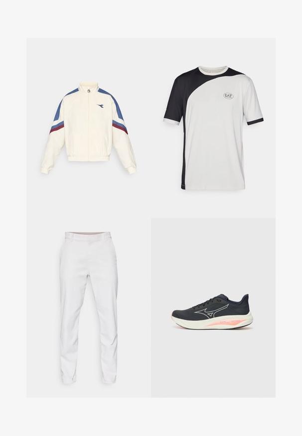 Bijela jakna s plavim i maroon akcentima, zatvarač sprijeda, visok okovratnik, elastične manžete i rub. Sadrži logotip na lijevoj strani prsnog koša.; Majica kratkih rukava s dizajnom u crno-bijelim blokovima, izrađena od laganog materijala. Uključuje EA7 logo na prsima.; Bijele hlače izrađene od glatkog materijala, uskog kroja i ravnog struka. Nema vidljivih džepova ili uzoraka. Čist rub na gležnjevima.; Crne trkačke tenisice s glatkim tekstilnim gornjištem, s bijelim logotipom, ružičastim detaljima na potplatu i zaobljenim dizajnom prstiju.
