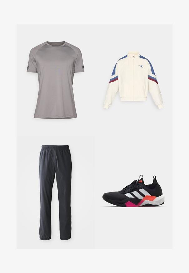 White jacket with blue and maroon accents, zip-up front, high collar, elastic cuffs, and hem. Features a logo on the left chest.; Grey short-sleeve t-shirt with a crew neck, made from smooth, lightweight fabric. Features a logo on the left sleeve.; Men’s dark gray lightweight pants with elastic waistband and ankle cuffs, front pockets with zippers, laid flat on a white background.; Black athletic shoe with white stripes, textured upper, and a chunky sole featuring orange, pink, and white accents. Laced design with pull tab.