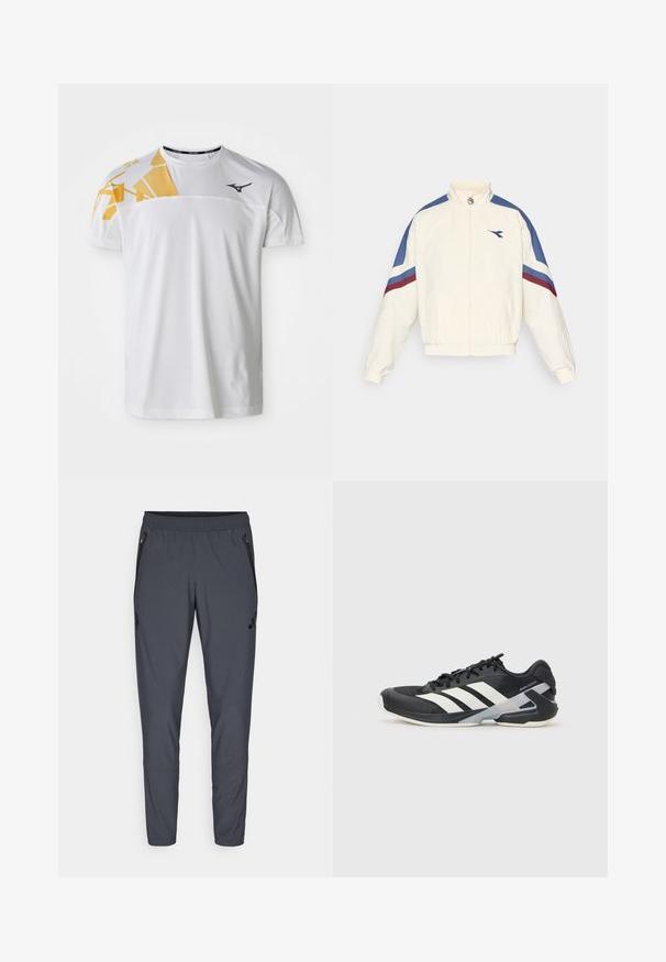 White jacket with blue and maroon accents, zip-up front, high collar, elastic cuffs, and hem. Features a logo on the left chest.; White athletic t-shirt featuring a geometric yellow design on one shoulder, smooth texture, round neckline, and logo in dark gray.; Gray athletic pants with an elastic waistband, zippered side pockets, and a logo detail on the left thigh. Made of lightweight fabric.; Black athletic shoe with white stripes, mesh upper, rounded toe, and cushioned sole. Features a textured heel and secure lacing system.