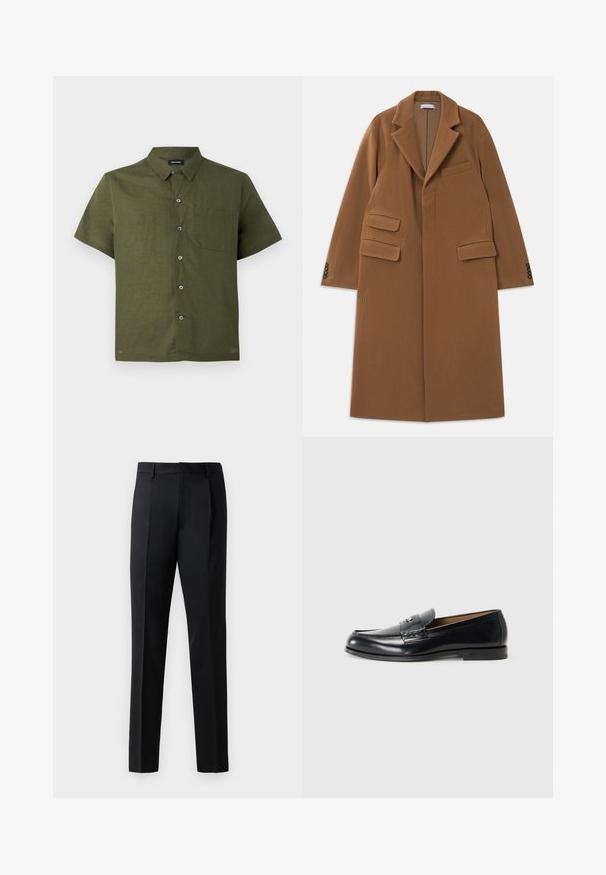 Long manteau en laine couleur camel avec de larges revers, trois poches à rabat, quatre boutons sombres sur les poignets et fermeture frontale dissimulée.; Chemise à manches courtes de couleur olive foncé, en tissu texturé ; présente un devant boutonné et une poche poitrine unique.; Pantalons formels noirs en tissu lisse, avec une coupe droite, des plis à l'avant et une taille standard sans embellissements.; Mocassins en cuir noirs avec une finition lisse, bout arrondi, couture décorative et un petit accent métallique à l'avant.