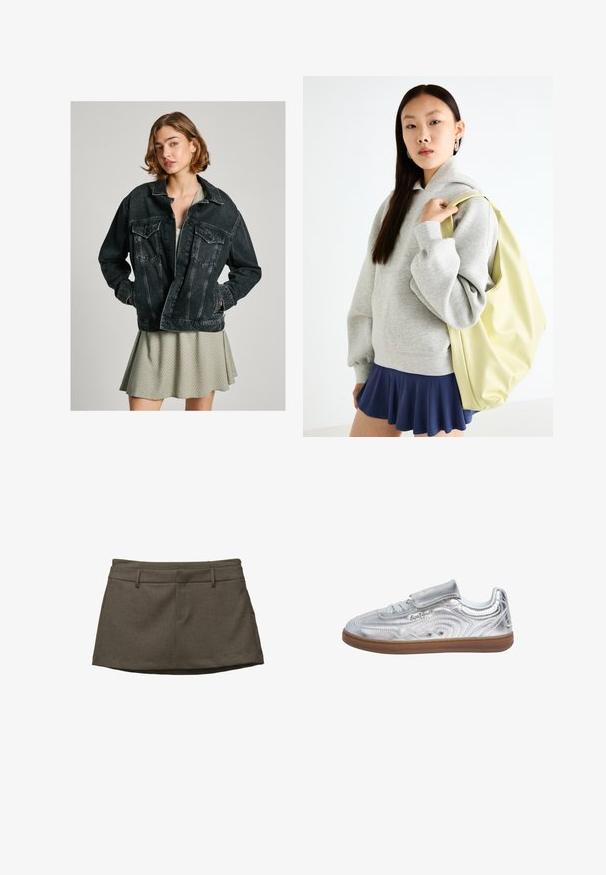 Čierna denimová bunda s voľným strihom, so zapínaním na gombíky, dvoma náprsními vreckami a vyblednutou textúrou, prehodená cez svetlozelené vzorované šaty.; Biela krátka košeľa s štruktúrovaným golierom, nadýchanými rukávmi a zapínaním na gombíky vpredu. Obsahuje nariasenú tkaninu v oblasti poprsia.; Hnedá sukňa s prispôsobeným dizajnom, s pútkami na opasok, dvoma prednými vreckami a štruktúrovanou látkou. Lem je mierne zakrivený.; Pepe Jeans Tenisky - silver-coloured; Sivá oversized mikina s klokanským vreckom, skombinovaná s námorníckou rozšírenou sukňou. Doplnok: veľký svetložltý batoh s hladkým povrchom.