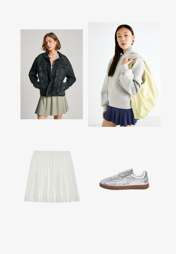 Veste en denim noir à coupe ample, avec des boutons à l'avant, deux poches poitrine et une texture délavée, portée sur une robe à motif vert pâle.; Chemise blanche à manches courtes avec un col structuré, des manches bouffantes et une fermeture à boutons à l'avant. Présente un tissu froncé au niveau de la poitrine.; Jupe blanche à volants avec une finition texturée. Dotée d'une taille élastique et de volants superposés, créant une silhouette fluide.; Pepe Jeans Baskets basses - silver-coloured; Sweat-shirt oversized gris avec une poche kangourou, associé à une jupe évasée marine. Accessoire : grand sac à dos jaune clair, texture lisse.