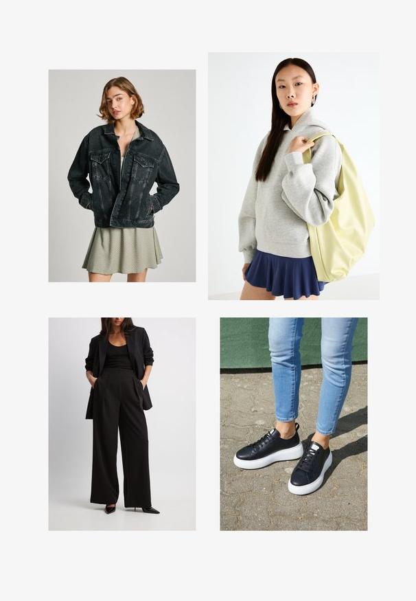Czarna dżinsowa kurtka o luźnym kroju, z zapięciem na guziki, dwoma kieszeniami na piersi i wyblakłą fakturą, noszona na jasnoróżowej sukience w wzorki.; Biała koszula z krótkim rękawem, z usztywnionym kołnierzykiem, bufkami oraz zapięciem na guziki z przodu. Posiada zgromadzony materiał w okolicy biustu.; Czarna żakietowa marynarka w połączeniu z szerokimi czarnymi spodniami, z zakładkami i bocznymi kieszeniami. Modelka w czarnych szpiczastych szpilkach.; Czarne skórzane trampki z białymi gumowymi podeszwami, o gładkim wykończeniu, zaokrąglonym nosku i płaskimi sznurowadłami. Noszone z jasnoniebieskimi dżinsami.; Szara, oversize bluza z kapturem z kieszenią kangurzą, zestawiona z granatową spódnicą w kształcie dzwonu. Akcesorium: duży, jas złoty plecak o gładkiej fakturze.