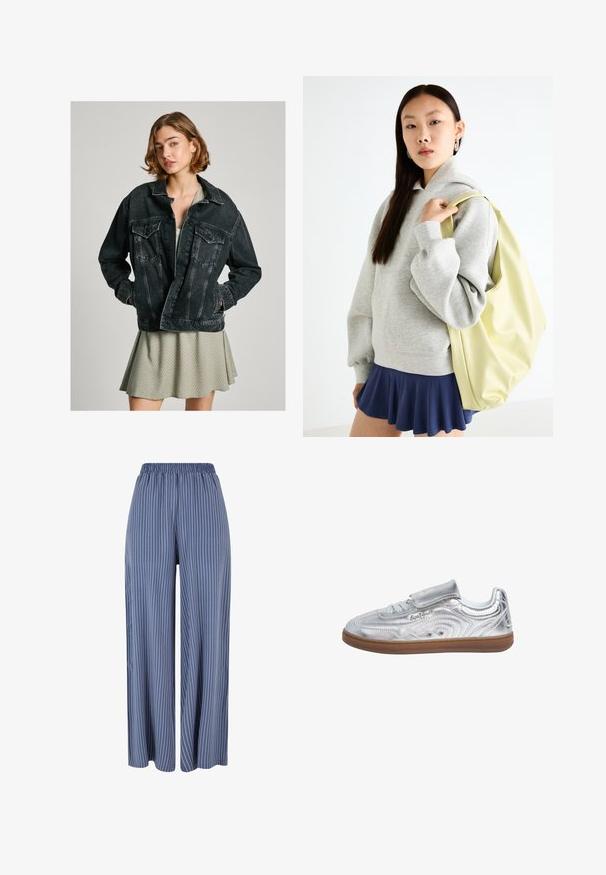 Svart denimjacka med lös passform, knäppning fram, två bröstfickor och urblekt textur, lagd över en ljusgrön mönstrad klänning.; Vit kortärmad skjorta med en strukturerad krage, puffärmar och framknäppning. Har samlad tyg vid bysten.; Blå vida byxor med vita vertikala ränder och elastisk midja, visade mot en vit bakgrund.; Pepe Jeans Sneakers - silver-coloured; Grå oversized hoodie med en känguruficka, i kombination med en marinblå utsvängd kjol. Accessoar: stor ljusgul ryggsäck med slät textur.