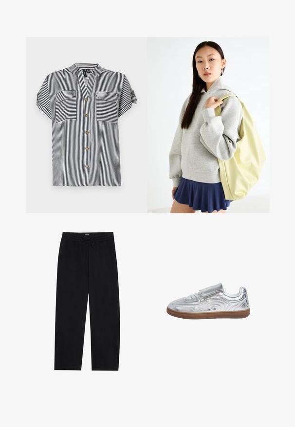 Mustad denim jakk, millel on vabalt istuv lõige, nööpidega ees, kaks rinnaTaskut ja pleekinud tekstuur, kantud kerge roheka mustriga kleidi peal.; Triibuline lühikeste varrukatega pluus tumesinisest ja valgest, kahe esikotiga, nööpidega ees ja lõdva lõikega. Omab kuldset tooni nööpe.; YOURTURN BARREL JOGGER UNISEX - Dresside alumine osa - black; Pepe Jeans Tossud - silver-coloured; Hallukas halli kapuutsiga jakki, millel on kenguru tasku, sobitatud tumesinise lõhiku säärega seeliku juurde. Aksessuaar: suur heledast kollasest seljakotist, sile tekstuur.