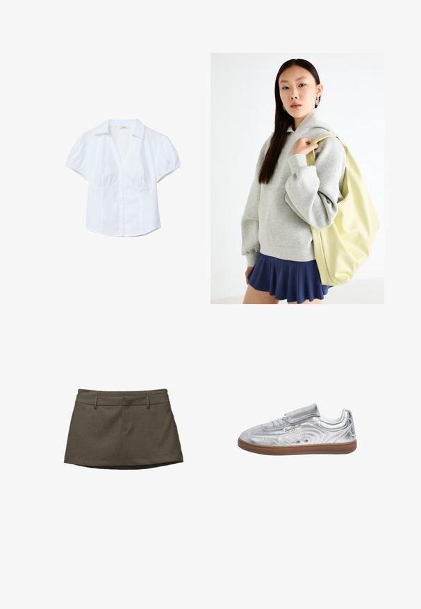 Črna denim jakna ohlapnega kroja z gumbnim zapiranjem, dvema žepoma na prsih in zbledelim videzom, prenesena čez svetlo zeleno vzorčasto obleko.; Bela kratka majica s kratkimi rokavi, z strukturiranim ovratnikom, napihnjenimi rokavi in sprednjim gumbom. Ima nabran material na prsih.; Rjava krilo s krojenjem po meri, ki vključuje zanke za pas, dve sprednji žepki in teksturirano tkanino. Rob je rahlo ukrivljen.; Pepe Jeans Športni copati - silver-coloured; Siva prevelika kapuca s kenguru žepom, uparena s mornarsko plavom suknjom s volanima. Dodatak: veliki svijetložuti ruksak, glatke teksture.