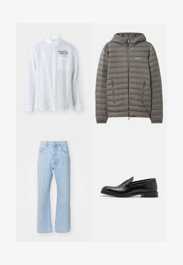 Giacca a vento grigia con cappuccio, realizzata in materiale trapuntato. Presenta due tasche laterali con zip e una chiusura frontale con zip.; Camicia bianca a maniche lunghe in un tessuto testurizzato, con taschino sul petto e testo ricamato multicolore sul lato sinistro.; Polo nero con un motivo geometrico dorato, maniche corte e colletto classico con accenti a strisce sottili.; Jeans in denim azzurro chiaro con una vestibilità rilassata, design a gamba dritta, stile tradizionale a cinque tasche e chiusura con bottone metallico.; Mocassini neri in pelle con una texture liscia, punta arrotondata e una striscia decorativa sulla tomaia. Tacco basso impilato, design minimalista.