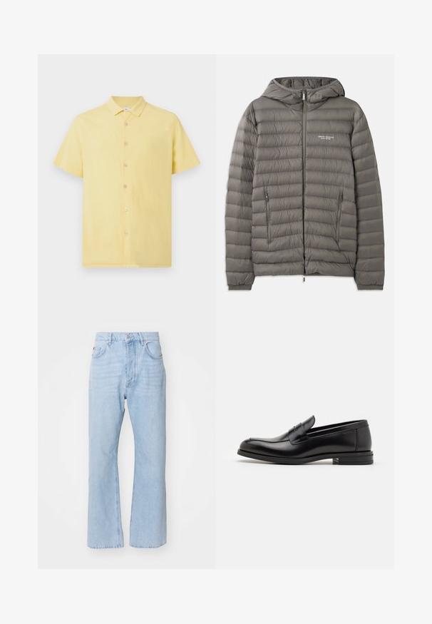 Pilkas pūkinis švarkas su gobtuvu, pagamintas iš siuvinėto medžiagos. Turtingai užpildytas, su dviem užtrauktukais šoninėmis kišenėmis ir priekinio užtrauktuko uždarymu.; Trumpas rankovėmis geltonas marškinis su tekstūruota medžiaga, priekyje užsegamas mygtukais, su klasikiniu apykakliu. Savybėje šviesios spalvos mygtukai kontrastui.; Juodas polo marškinėliai su geometriniu auksiniu raštu, trumpomis rankovėmis ir klasikine apykakle su subtiliomis dryžuotomis akcentais.; Šviesiai mėlyni džinsai su laisvu siluetu, tiesiomis kojomis, tradiciniu penkių kišenių stiliumi ir metaliniu mygtuko uždarymu.; Juodos odinės loafers, turinčios lygų paviršių, apvalią noselę ir dekoratyvinę juostą per priekinę dalį. Žemas krentantis kulnas, minimalistinis dizainas.