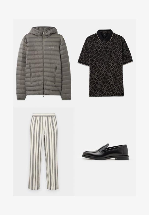 Geacă puffer gri cu glugă, confecționată din material matlasat. Dispune de două buzunare laterale cu fermoar și un închizător frontal cu fermoar.; Tricou polo negru cu un model geometric auriu, mâneci scurte și guler clasic cu accente în dungi subtile.; Pantaloni raiati de culoare crem deschis cu dungi verticale subțiri gri. Au o talie elastică și un croi drept.; Mocasini din piele neagră cu o textură netedă, vârf rotund și o curea decorativă peste partea superioară. Toc mic, design minimalist.