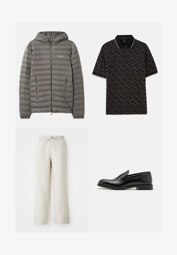 Geacă puffer gri cu glugă, confecționată din material matlasat. Dispune de două buzunare laterale cu fermoar și un închizător frontal cu fermoar.; Tricou polo negru cu un model geometric auriu, mâneci scurte și guler clasic cu accente în dungi subtile.; Pantaloni din in de culoare bej deschis, cu o croială lejeră, talie elastică cu șnur și buzunare laterale pentru confort.; Mocasini din piele neagră cu o textură netedă, vârf rotund și o curea decorativă peste partea superioară. Toc mic, design minimalist.