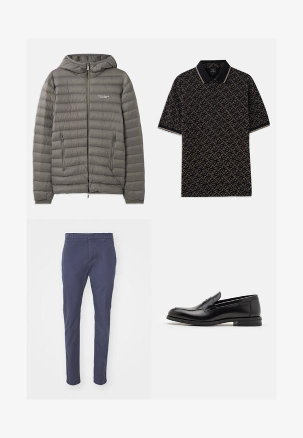 Gray puffer jacket with a hood, made of quilted material. Features two zippered side pockets and a front zipper closure.; Black polo shirt with a geometric gold pattern, short sleeves, and a classic collar featuring subtle striped accents.; Navy trousers with a slim fit, constructed from lightweight cotton. Features belt loops, side pockets, and a smooth finish.; Black leather loafers with a smooth texture, rounded toe, and a decorative strap across the vamp. Low stacked heel, minimalist design.