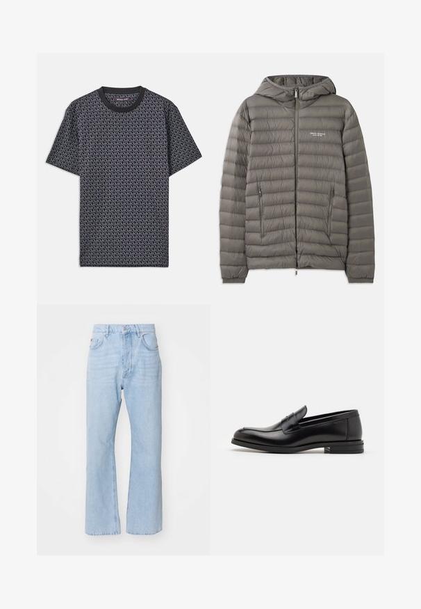 Grå pufferjakke med hætte, lavet af quiltet materiale. Har to lynlåslommer på siden og en lynlås foran.; Sort kortærmet t-shirt med et hel-tryk af geometrisk "MK" mønster, ribbet rund hals og et blødt, tekstureret stof.; Lyseblå denimjeans med en afslappet pasform, lige ben-design, traditionel fem-lomme stil og metalknaplukning.; Sorte læderloafers med en glat overflade, rund tå og en dekorativ strop over vampen. Lav hæl med stabeldesign, minimalistisk stil.