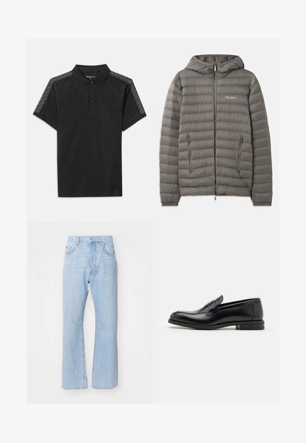 Sivá prešívaná bunda s kapucňou vyrobená z prešívaného materiálu. Obsahuje dva zipsové bočné vrecká a predný zipsový uzáver.; Čierne polo tričko s golierom, tromi gombíkmi a krátkymi rukávmi. Obsahuje šedé vzorované akcenty pozdĺž ramien. Mäkú bavlnenú tkaninu.; Svetlomodré denimové nohavice s voľným strihom, rovnými nohavicami, tradičným päťvreckovým štýlom a kovovým zapínaním.; Čierne kožené mokasíny s hladkou textúrou, zaoblenou špičkou a dekoračným pásikom cez priehlavok. Nízky vrstvený opätok, minimalistický dizajn.
