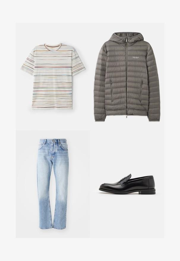 Hallava puffjakker, millel on kapuuts ja millel on tikandmaterjal. Omab kahte lukuga küljetaskut ja ees olevat luku sulgemist.; Lühikeste varrukatega t-särk, kreemjas põhja ja mitmevärviliste horisontaalsete triipudega. Pehme kangas, ümar kaelus, sirge lõige, minimalistlik disain.; Heled sinine teksapüksid sirge lõikega. Omab viit taskut, nööpide kinnitust ja pleekinud tekstuuri allosas.; Mustad mustad nahast loafers sileda tekstuuriga, ümarat ninaosa ja dekoratiivne riba vampi üle. Madal kihiline konts, minimalistlik disain.