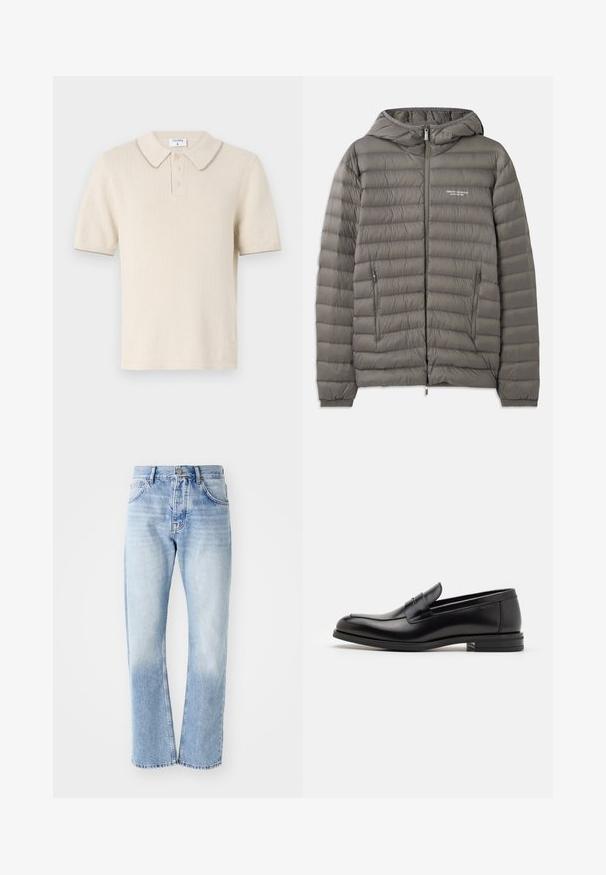 Casaco puffer cinza com capuz, feito de material acolchoado. Apresenta dois bolsos laterais com fecho e um fecho frontal.; Polo de creme com mangas curtas, textura ribada, pala com três botões e colarinho em contraste. O material parece suave e leve.; Calças de ganga azul claro com corte de perna reta. Apresenta um design de cinco bolsos, fecho de botão e uma textura desbotada na parte inferior.; Mocassins de couro preto com uma textura suave, bico arredondado e uma faixa decorativa sobre o peito do pé. Salto baixo e empilhado, design minimalista.