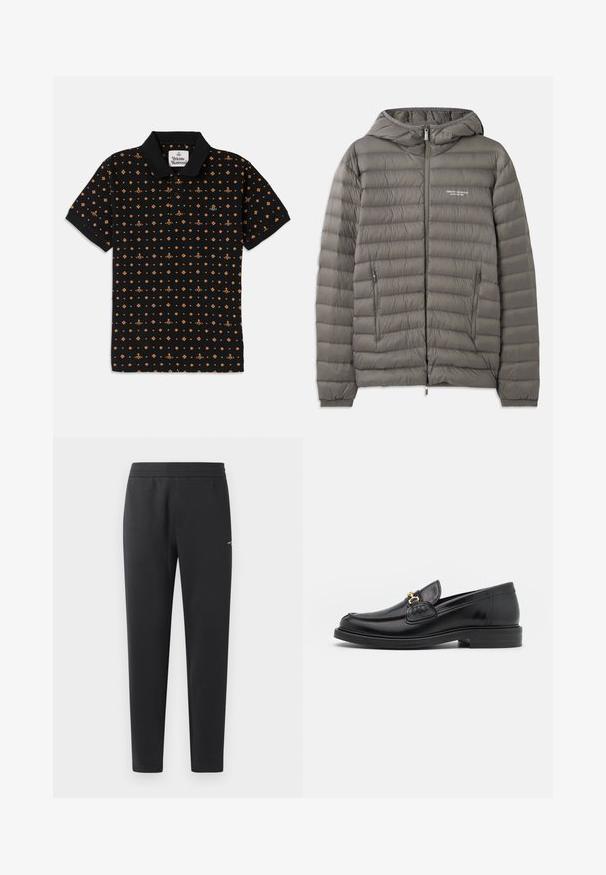 Gray puffer jacket with a hood, made of quilted material. Features two zippered side pockets and a front zipper closure.; Black polo shirt featuring a repeating orange geometric pattern. Material is smooth with a classic collar and three-button placket.; Black jogger pants made of soft fabric, featuring an elastic waistband, straight legs, and a single small logo detail on the side.; Black leather loafers with a rounded toe, featuring gold hardware accent and stitching detail, set on a low, textured rubber sole.