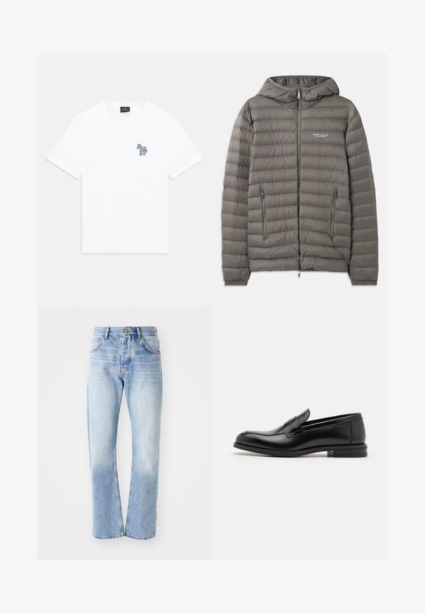Gray puffer jacket with a hood, made of quilted material. Features two zippered side pockets and a front zipper closure.; White short-sleeve crew neck T-shirt with a small dark zebra graphic on the left chest and a black label inside the collar.; Light blue denim jeans with a straight-leg cut. Features a five-pocket design, button fly, and faded texture towards the bottom.; Black leather loafers with a smooth texture, rounded toe, and a decorative strap across the vamp. Low stacked heel, minimalist design.