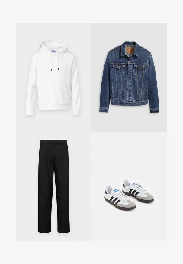 Tamna plava traper jakna klasičnog dizajna, s metalnim dugmadi, dva džepa na grudima i dijagonalnim šavovima sprijeda.; Bijela dukserica od mekanog pamuka, s prednjim džepom, podesivim vezicama i rebrastim rukavima. Jednostavan, jednoličan dizajn s opuštenim krojem.; Crne hlače od glatkog materijala, s dizajnom ravnih nogavica, dva prednja nabora i standardnim pojasom s petljama za remen.; Sportske cipele s gornjištem od bijele kože, sivi suedinasti nos i tri crne pruge. Imaju plavi logo na jeziku i teksturiranu gumenu podlogu.