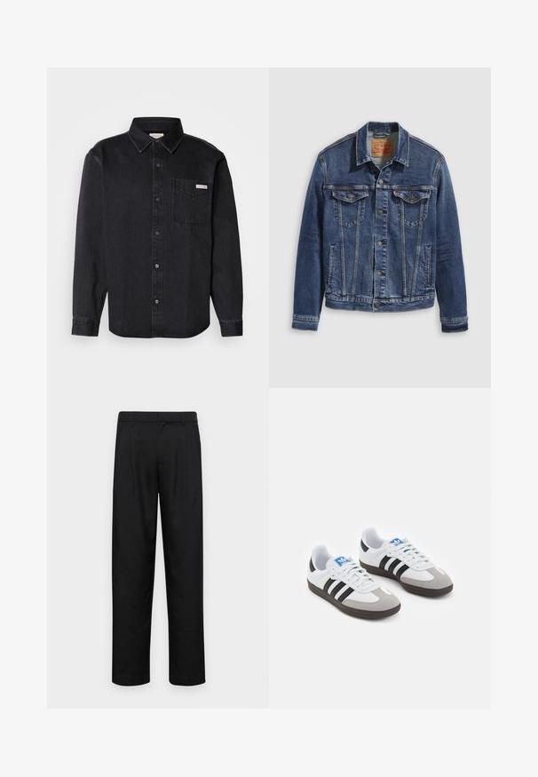 Jeans jakna v temno modri barvi s klasičnim dizajnom, opremljena z železnimi gumbi, dvema žepoma na prsih in diagonalnimi šivi spredaj.; Črna denim srajca z gumbi, z ostrim ovratnikom, dolgimi rokavi, enim žepom na prsih in majhno oznako blagovne znamke na žepu.; Črne hlače iz gladkega materiala, s krojem ravne noge, dvema sprednjima pregiboma in standardnim pasom z zankami za pas.; Športni čevlji z belim usnjenim zgornjim delom, sivim semišem na prstih in tremi črnimi črtami. Imajo modro logo na jeziku in teksturiran gumijast podplat.