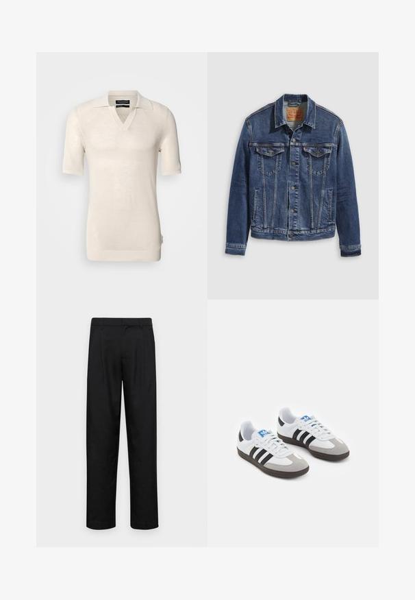 Dunkelblaues Jeansjackett im klassischen Design, mit Metallknöpfen, zwei Brusttaschen und diagonalen Nähten auf der Vorderseite.; Hellbeige Kurzarmpullover mit V-Ausschnitt und flachem Kragen. Hergestellt aus strukturiertem Strickstoff, mit einem dezenten Muster und einem Seitenetikett.; Schwarze Hose aus glattem Stoff, mit geradem Bein Design, zwei vorderen Falten und einem Standardbund mit Gürtelschlaufen.; Sportschuhe mit einem Obermaterial aus weißem Leder, grauer Wildleder-Zehenkappe und drei schwarzen Streifen. Sie verfügen über ein blaues Logo auf der Zunge und eine strukturierte Gummisohle.