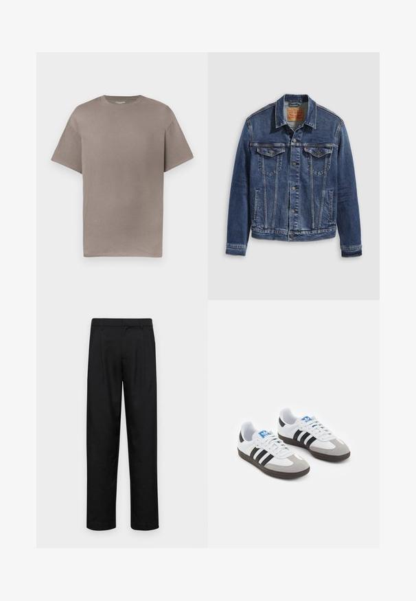Mørkeblå denimjakke med klassisk design, med metallknapper, to brystlommer og skrå sømmer på forsiden.; Løs passform kortermet crewneck T-skjorte i dempet taupe-farge vist mot en hvit bakgrunn.; Sorte bukser laget av glatt stoff, med rette ben, to frontfoldninger og standard liv med beltehemper.; Sportssko med en hvit skinnoverdel, grå semsket tå og tre svarte striper. Har en blå logo på tungen og en teksturert gummisåle.