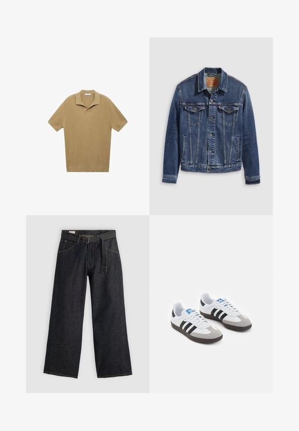 Tummansinisellä denimi-takilla on klassinen muotoilu, jossa on metallinapit, kaksi rintataskua ja vinot saumat edessä.; Lyhythihainen polo-paita vaaleanruskeasta ribbikankaasta; siinä on lovetukka ja suora helma, sekä koko kankaan läpi kulkevat teksturoidut viivat.; Tummat farkku leveälahkeiset housut, joissa on vyönsolki vyötäröllä, etutaskut ja kontrastivärinen ommel. Sileä pinta ja siisti muotoilu.; Urheilukengät, joissa on valkoinen nahkainen päällinen, harmaa mokkanokka ja kolme mustaa raitaa. Ominaisuuksina sininen logo kielekkeessä ja kuvioitu kumipohja.