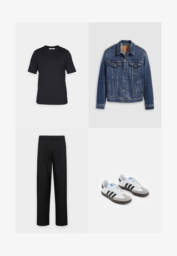Jeanjakke i mørkeblå med et klassisk design, der har metalknapper, to brystlommer og diagonale sømme foran.; Sort kortærmet t-shirt lavet af blødt stof, med rund halsudskæring og lige kant forneden, ingen mønstre eller synlig branding.; Sorte bukser lavet af glat stof, med et lige ben-design, to frontfolder og en standard talje med bæltestropper.; Sportsko med en overdel i hvid læder, grå ruskind på tåen og tre sorte striber. Har et blåt logo på tungen og en struktureret gummisål.