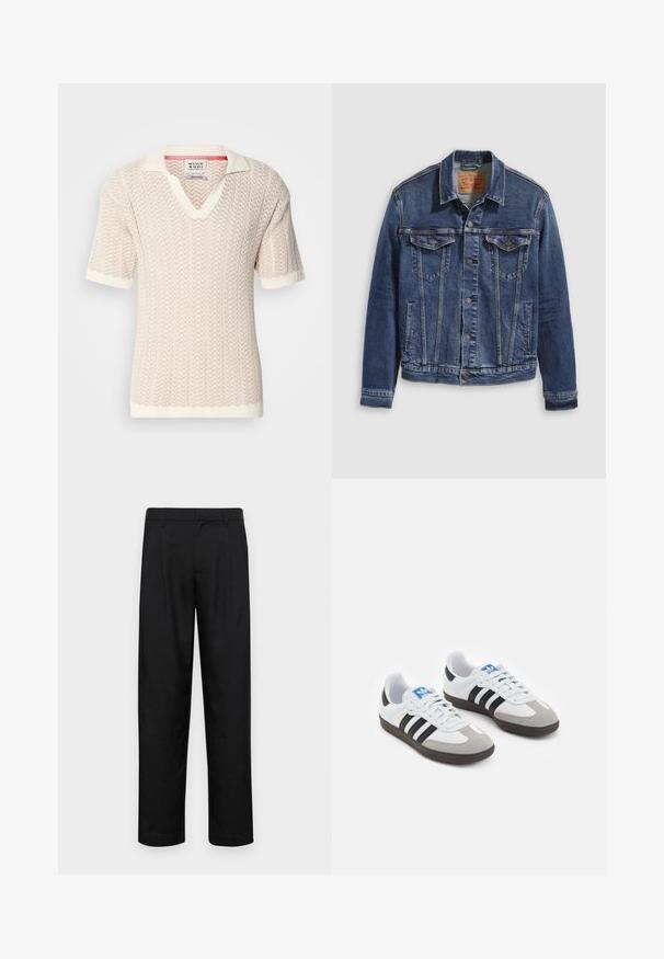 Veste en denim bleu foncé au design classique, avec des boutons en métal, deux poches poitrine et des coutures diagonales à l'avant.; Pull en tricot beige à manches courtes avec un motif zigzag texturé et un col en V. Il présente un col et des poignets de couleur crème contrastants.; Pantalons noirs en tissu lisse, avec une coupe droite, deux plis avant et une taille standard avec passants de ceinture.; Baskets avec une tige en cuir blanc, un bout en daim gris et trois bandes noires. Présente un logo bleu sur la languette et une semelle en caoutchouc texturée.