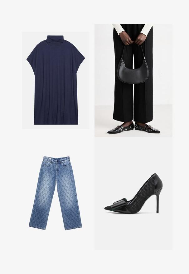 Marineblaues, oversized Turtleneck-Kleid mit weichem Stoff, kurzen Ärmeln und einer lockeren, fließenden Silhouette.; Dunkelgraues, oversized T-Shirt aus Baumwolle, das auf der Vorderseite mit einem zentralen Sonnenmotiv und komplexen Liniendetails bedruckt ist.; Weite Jeans aus Denim in Hellblau mit einem gesteppten Diamantmuster, ausgestattet mit fünf Taschen und einem Knopfverschluss an der Taille.; Schwarzer High Heel mit spitzem Schuhzeug, vorne aus glattem Leder und an den Seiten aus strukturiertem Mesh, verziert mit einer großen Schleifenapplikation.; Schwarze Leder-Schultertasche mit runder Form, glänzender Oberfläche und silbernem Beschlag. Person trägt schwarze weit geschnittene Hosen und Nieten-Loafers.