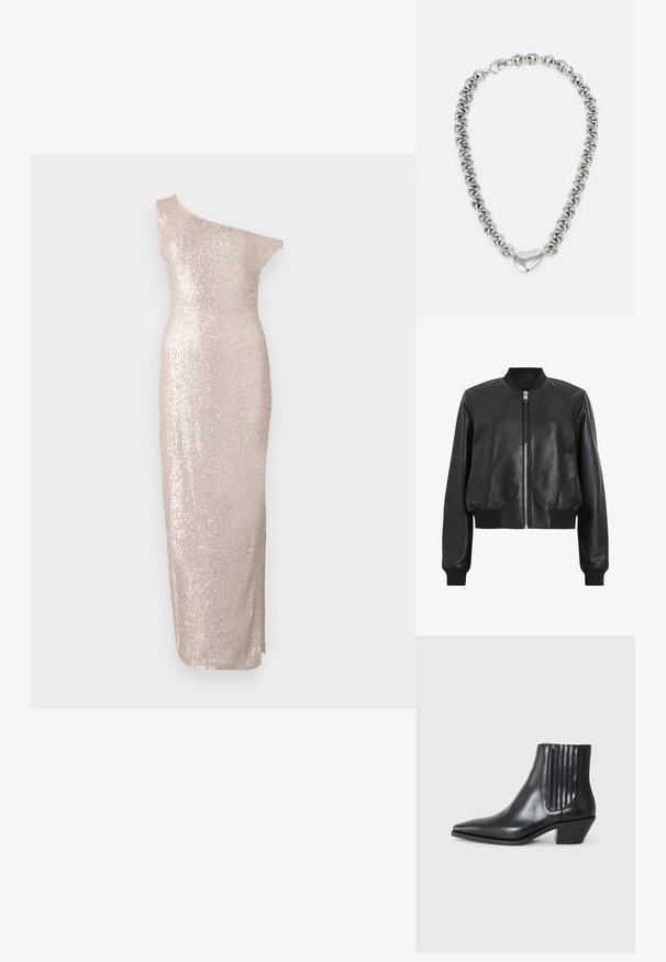 Fekete bőr bomberszakkó elülső cipzárral, bordázott gallérral és mandzsettával, két oldalsó zsebbel. Sima textúra és rövidített fazon.; Térd fölötti, egyvállas ruha világos bézs színben, testhez simuló sziluettel, flitteres textúrával és karcsú, egyenes vonalvezetéssel.; Fekete bőr bokacsizma hegyes orral, elasztikus oldalsó panelekkel, amelyek függőleges bemetszésekkel rendelkeznek, és alacsony blokk sarkú. Sima textúrájú és elegáns dizájn.; Ezüst lánc nyaklánc, amely összekapcsolt kerek szemekből áll, a középen egy polírozott szív alakú díszítéssel. A zár biztosítva van.
