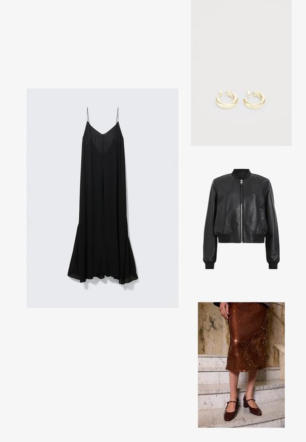 Musta nahkainen pommitakki, jossa on etuvetskari, ribatty kaulus ja hihansuut sekä kaksi sivutaskua. Silkkinen rakenne ja lyhyt design.; Harmaa neulepusero, jossa on pitkät hihat, pyöreä kaula-aukko sekä ribbireunat hihoissa ja helmassa. Teksturoitua neulosta, jossa on pieni logo rinnassa.; Musta hihaton mekko, jossa on syvä V-pääntie, kevysti laskeutuvaa kangasta ja virtaava siluetti, joka levenee helmasta.; Nainen, jolla on päällään ruskea paljetti-midi-hame ja tummanruskeat krokotiilinantextuuriset Mary Jane -kengät, seisoo marmoriportaita myöten.; Kultahenttiset korvakorut, joissa on sileä ja kiiltävä pinta. Korvaksissa on kaareva muotoilu ja pieni yksityiskohta lähellä postia lisäyksityiskohtia varten.