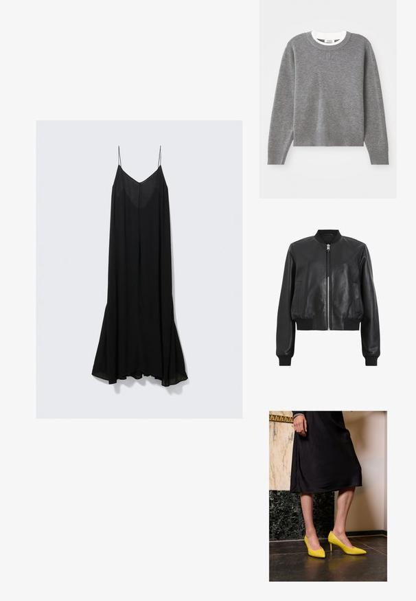Fekete bőr bomberszakkó elülső cipzárral, bordázott gallérral és mandzsettával, két oldalsó zsebbel. Sima textúra és rövidített fazon.; Szürke pulóver hosszú ujjal, kerek nyakkivágással, bordás mandzsettával és aljjal. Texturált kötés jellemzi, és egy kis logó található a mellkasán.; Fekete ujjatlan ruha mély V-kivágással, könnyű anyagból készült, amely hullámzó sziluettet alkot, és az alján bővül.; Sárga lakkbőr magassarkú cipők hegyes orral és vékony stiletto sarkakkal, egy sötét kőpadlón elhelyezve, világos fal háttérrel.