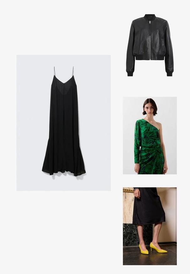 Schwarze Lederbomberjacke mit einem Frontreißverschluss, geripptem Kragen und Bündchen, ausgestattet mit zwei Seitentaschen. Glatte Textur und kürzerer Schnitt.; Grauer Pullover mit langen Ärmeln, Rundhalsausschnitt und gerippten Bündchen und Saum. Verfügt über ein strukturiertes Strickdesign und ein kleines Logo auf der Brust.; Grünes Ein-Schulter-Kleid mit langem Ärmel, das ein wirbelndes Muster in Dunkelgrün und Lila aufweist, aus glattem Stoff mit einem drapierten Design.; Schwarzes ärmelloses Kleid mit tiefem V-Ausschnitt, aus leichten Stoff gefertigt und mit einer fließenden Silhouette, die am Saum weiter wird.; Gelbe Lackleder-Highheels mit spitzen Zehen und dünnen Stiletto-Absätzen, platziert auf einem dunklen Steinboden vor einem hellen Wandhintergrund.