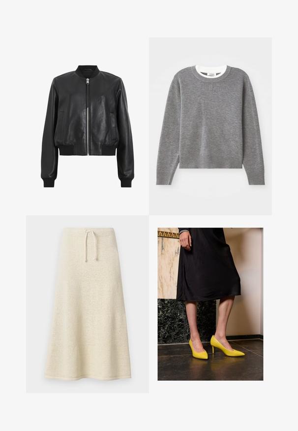 Čierna kožená bombardérka so zipsom vpredu, ryhovaným golierom a manžetami, obsahuje dva bočné vrecká. Hladká textúra a skrátený strih.; Sivý sveter s dlhými rukávmi, okrúhlym výstrihom a rebrovanými manžetami a spodným okrajom. Má textúrovanú pleteninu a malé logo na hrudi.; Sukňa až po kolená, krémovej farby, pletená, s jemnou textúrou, s elastickým pásom na šnúrku a rozšíreným strihom. Minimalistický dizajn bez vzorov alebo ozdôb.; Žlté lakované lodičky s vykrojenou špičkou a tenkým ihlovým podpätkom, umiestnené na tmavom kamennom podlahe, na pozadí so svetlou stenou.