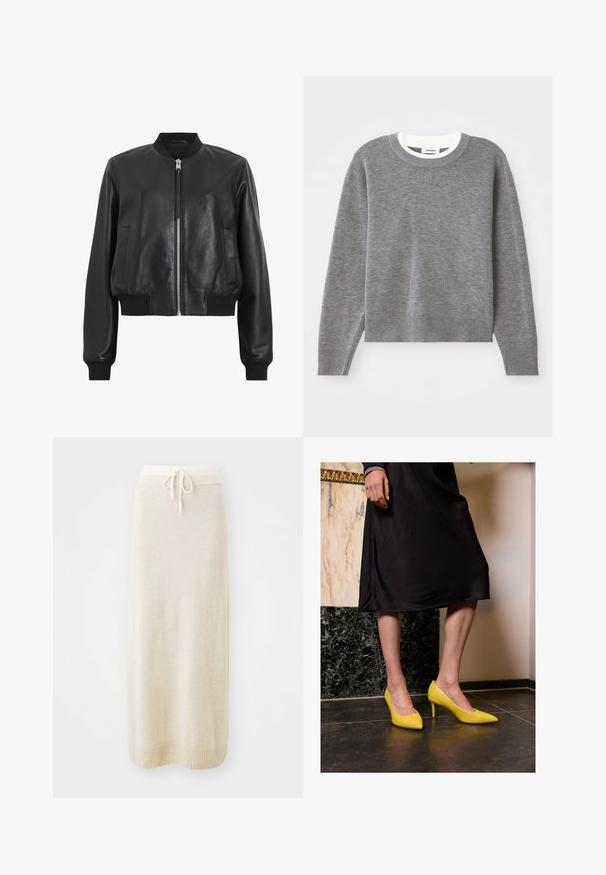 Musta nahkainen pommitakki, jossa on etuvetskari, ribatty kaulus ja hihansuut sekä kaksi sivutaskua. Silkkinen rakenne ja lyhyt design.; Harmaa neulepusero, jossa on pitkät hihat, pyöreä kaula-aukko sekä ribbireunat hihoissa ja helmassa. Teksturoitua neulosta, jossa on pieni logo rinnassa.; Virkattu midi-hame kermaisan värisenä, jossa on nyörivyö ja raidoitettu helma. Sujuva rakenne ja suora siluetti, sopii arkiseen käyttöön.; Keltaiset lakatut korkokengät, joissa on terävät varpaat ja ohuet korkeat korot, sijoitettuna tummalle kivilattialle vaalean seinän taustalla.